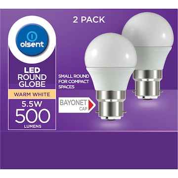 Olsent Led Round Bc 5.5W 500Lm Ww Round Globe 5.5 Watt 2 pack