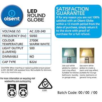 Olsent Led Round Bc 5.5W 500Lm Ww Round Globe 5.5 Watt 2 pack