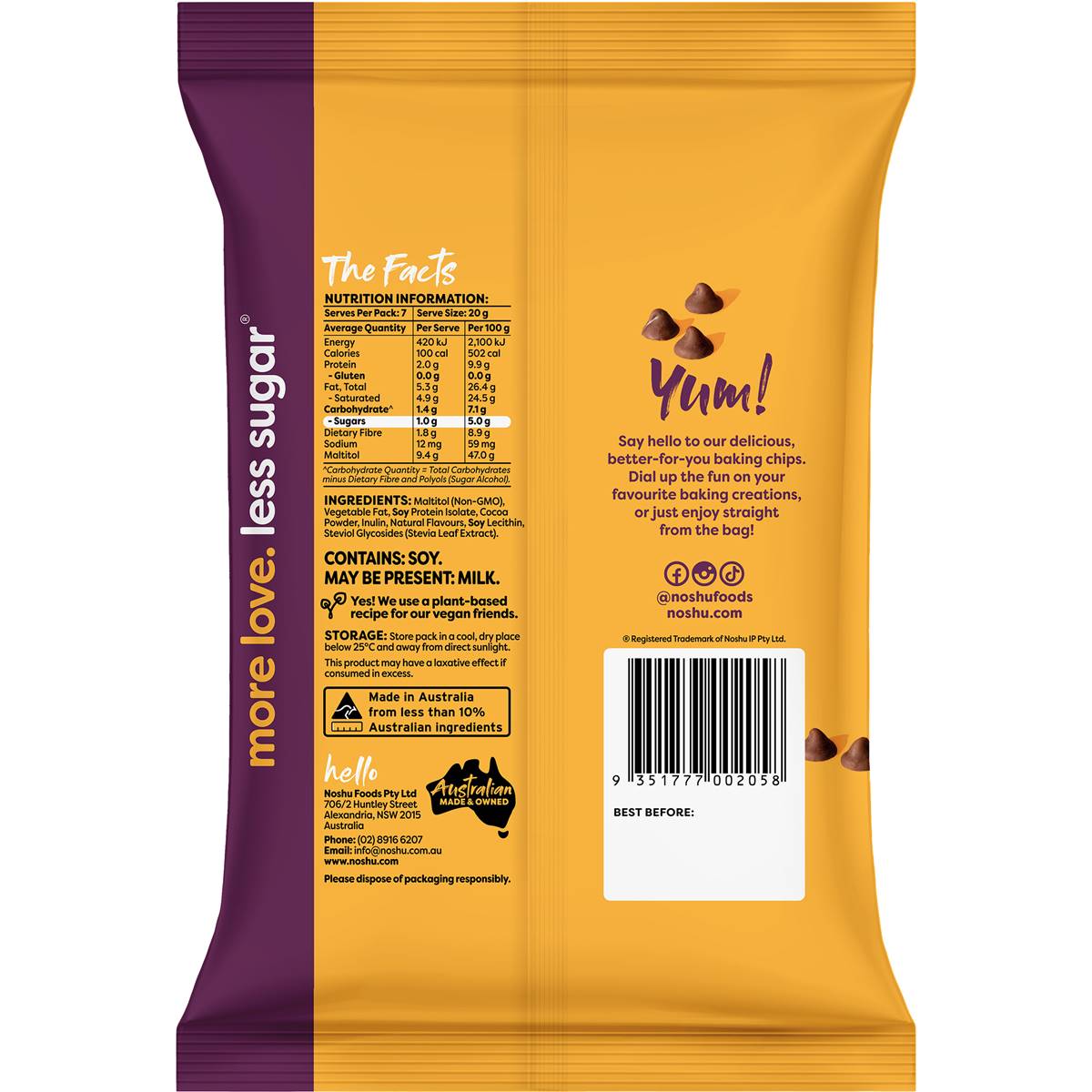 Noshu 95% Sugar Free Choc Baking Chips 140g