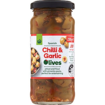 Woolworths Chilli & Garlic Spanish Green Olives 230g