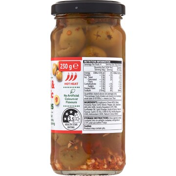 Woolworths Chilli & Garlic Spanish Green Olives 230g