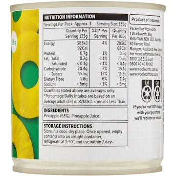 Woolworths Pineapple Slices In Juice 425g