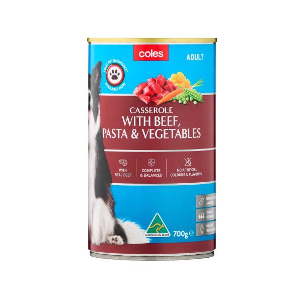 COLES DOG FOOD CASSEROLE BEEF PASTA & VEG 700GRAM