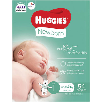 Huggies Newborn Nappies Size 1 (Up To 5kg) 54 Pack