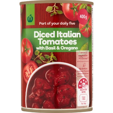 Woolworths Diced Italian Tomatoes Basil & Oregano 400g