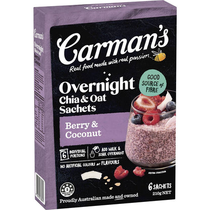 Carman's Overnight Chia & Oat Sachets Berry & Coconut 6 pack
