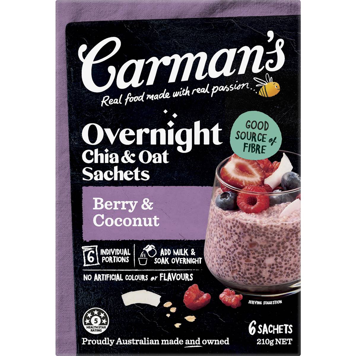 Carman's Overnight Chia & Oat Sachets Berry & Coconut 6 pack