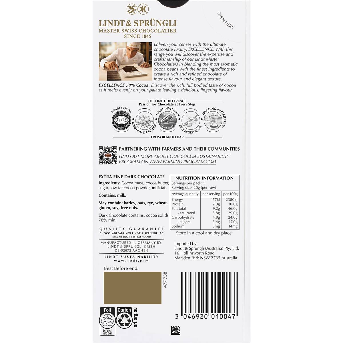 Lindt Excellence 78% Cocoa Dark Chocolate Block 100g