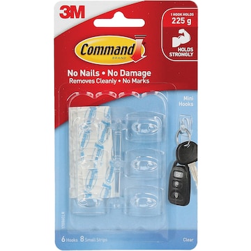 3M Command Mini Hooks Clear 6 pack