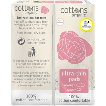 Cottons Organic Ultra Thin Pads Super 12 pack