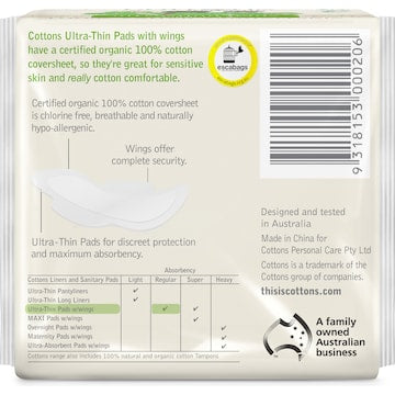 Cottons Organic Ultra Thin Pads Regular With Wings 14 pack
