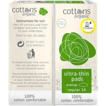 Cottons Organic Ultra Thin Pads Regular With Wings 14 pack