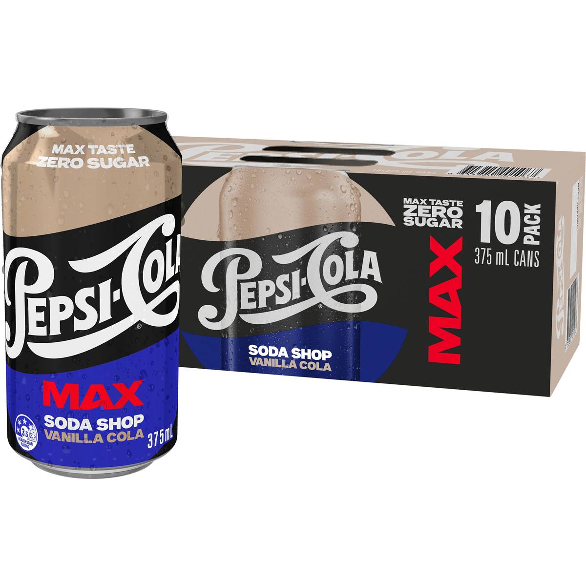 Pepsi Max No Sugar Vanilla Cola Soft Drink Cans Multipack 375ml x 10 Pack