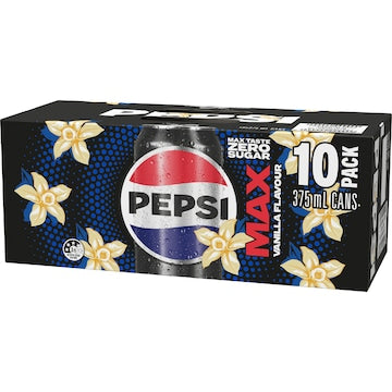 Pepsi Max No Sugar Vanilla Soft Drink Cans 375mL x 10 pack