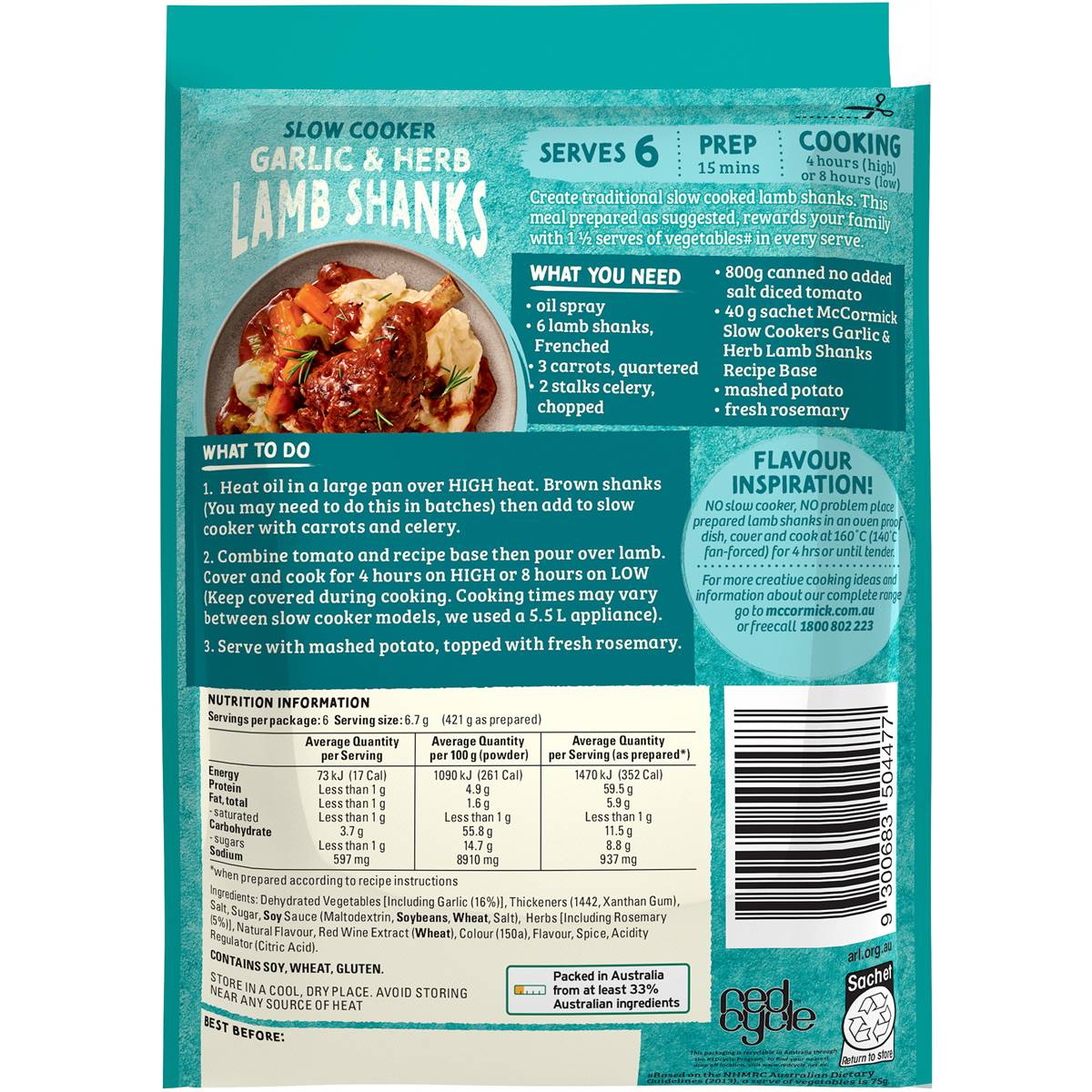 McCormick Slow Cooker Garlic & Herb Lamb Shanks Recipe Base 40g