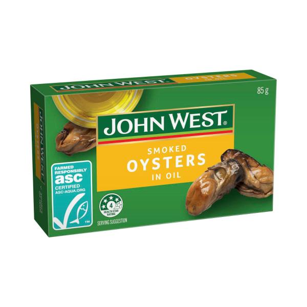 JOHN WEST OYSTERS SMOKED:VEGETABLE OIL:.:85 GRAM