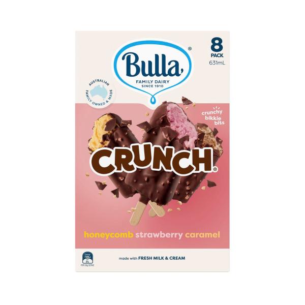 BULLA HONEYCOMB- STRAWBERRY & CARAMEL CRUNCH ICE CREAM STICKS 8 PACK 631ML