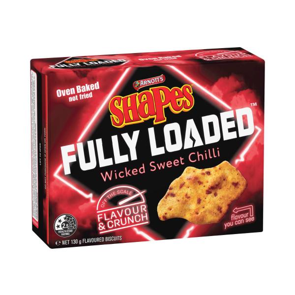 ARNOTT'S SHAPES FULLY LOADED SWEET CHILLI CRACKER BISCUITS 130G