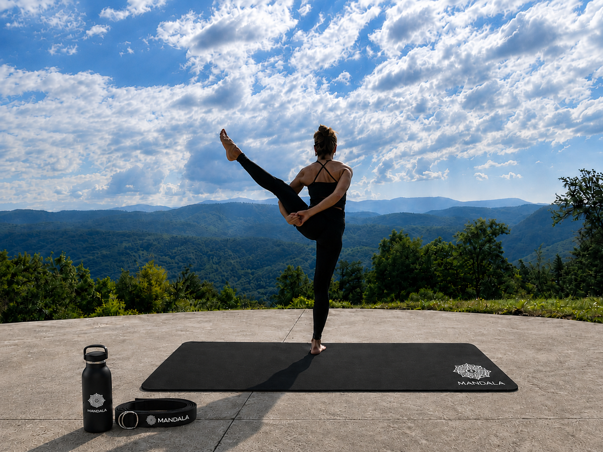 Mandala Yoga Mat Premium Bundle, Includes Yoga Mat 188cm H x 61cm W, Yoga Strap & Steel Hydration Bottle - Black