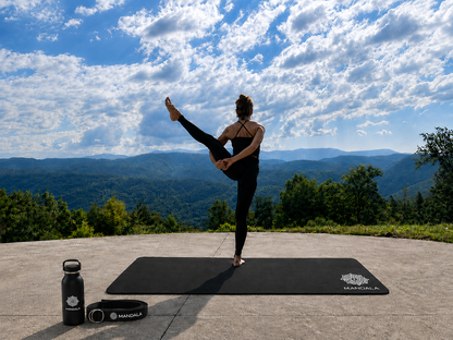 Mandala Yoga Mat Premium Bundle, Includes Yoga Mat 188cm H x 61cm W, Yoga Strap & Steel Hydration Bottle - Black