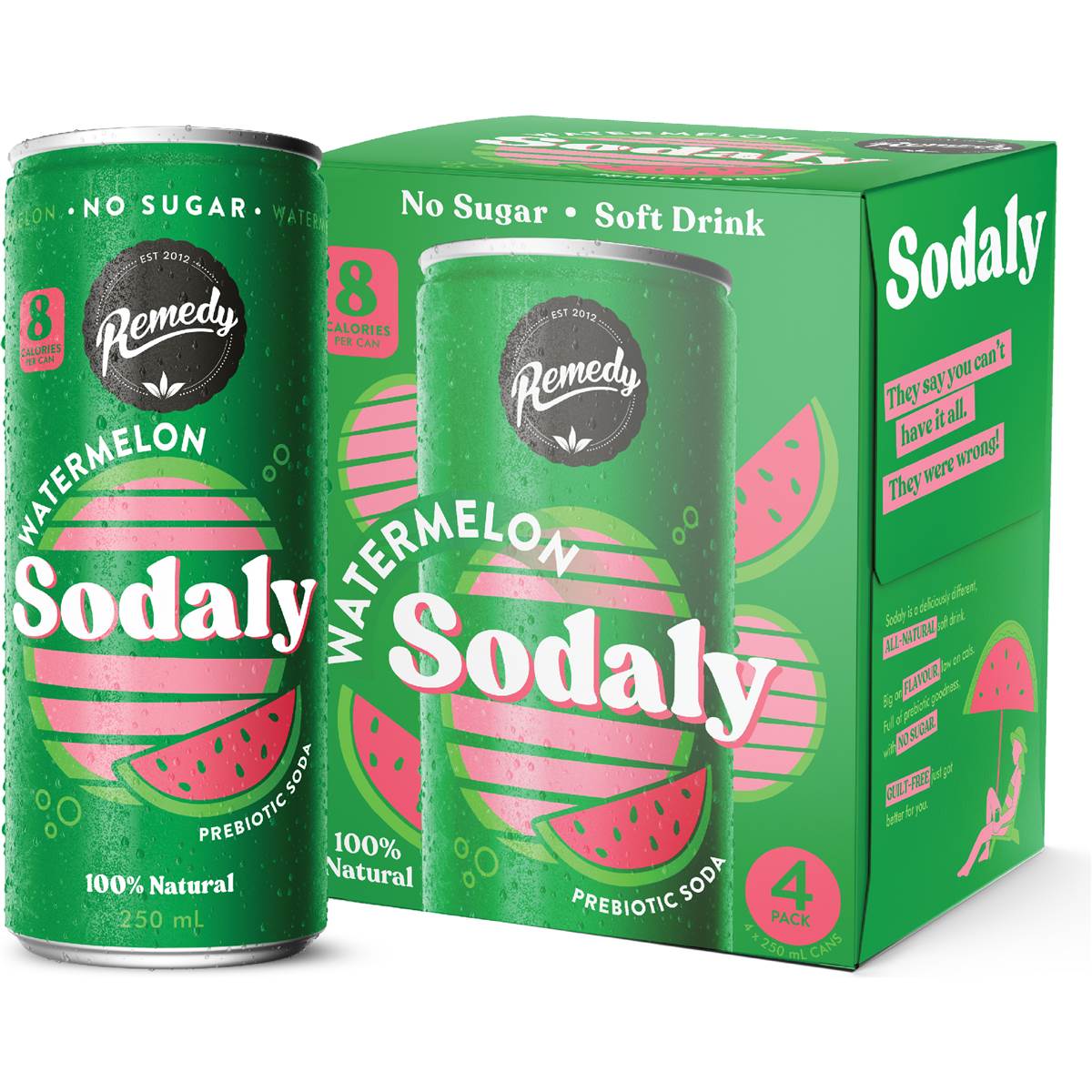 Remedy Sodaly Prebiotic Soda Cans Watermelon 250mL x 4 pack