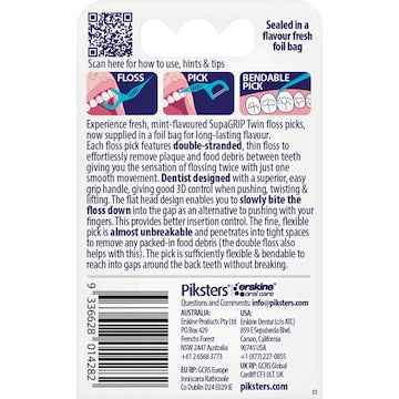 Piksters SupaGRIP Twin Floss Picks Mint Flavour 20 pack