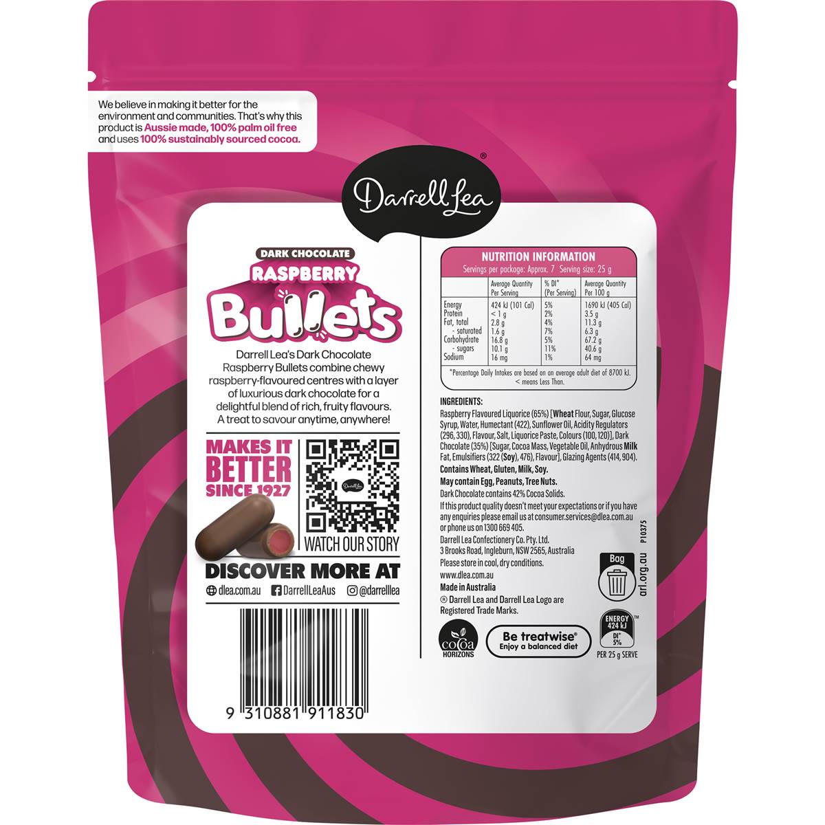Darrell Lea Raspberry Bullets Dark Chocolate 190g