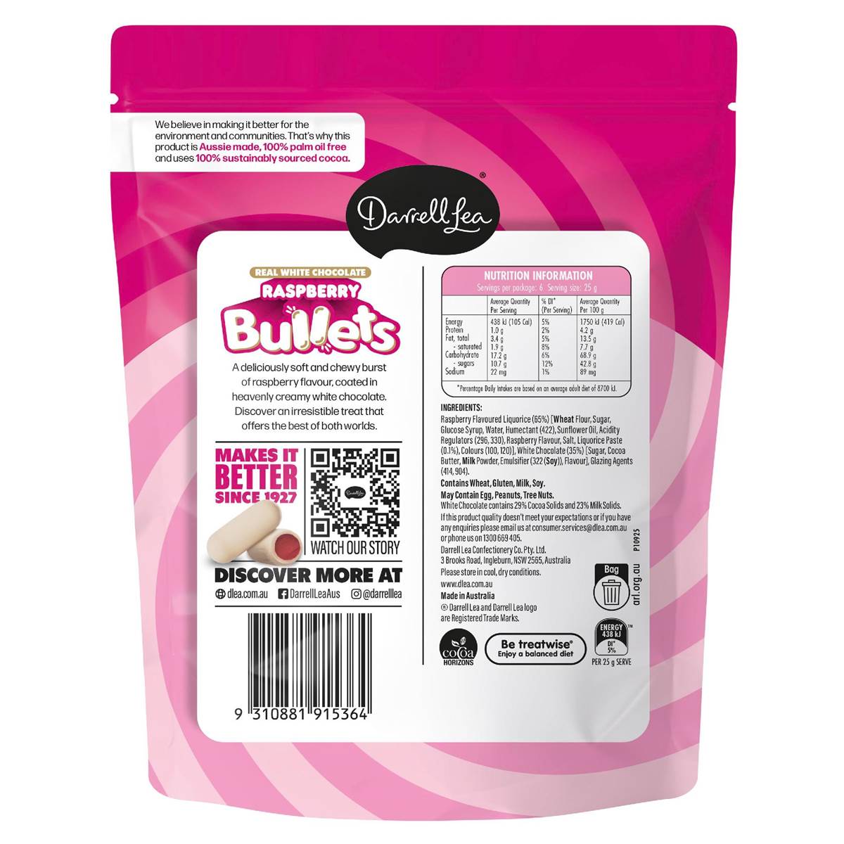 Darrell Lea Raspberry Bullets White Chocolate 150g