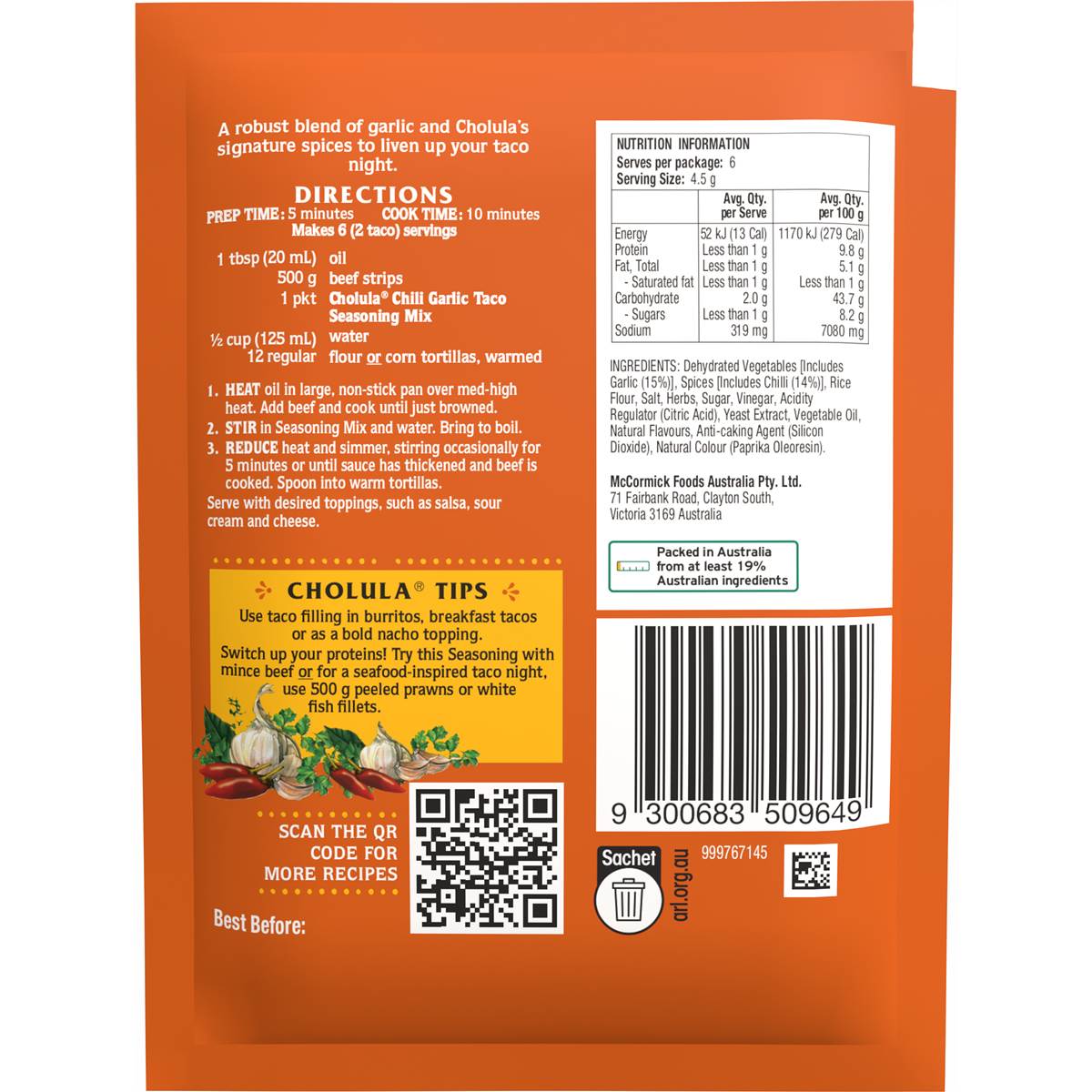 Cholula Chilli Garlic Taco Seasoning Mix 28g