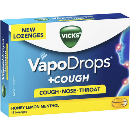Vicks Vapodrop & Cough Sore Throat Lozenges Honey Lemon 16 Pack