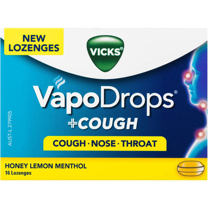 Vicks Vapodrop & Cough Sore Throat Lozenges Honey Lemon 16 Pack