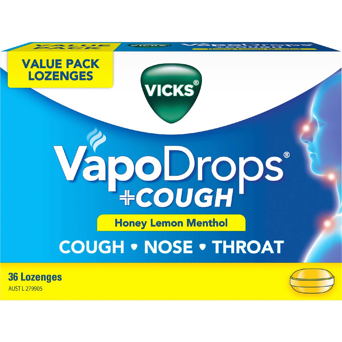 Vicks Vapodrop & Cough Sore Throat Lozenges Honey Lemon 36 Pack