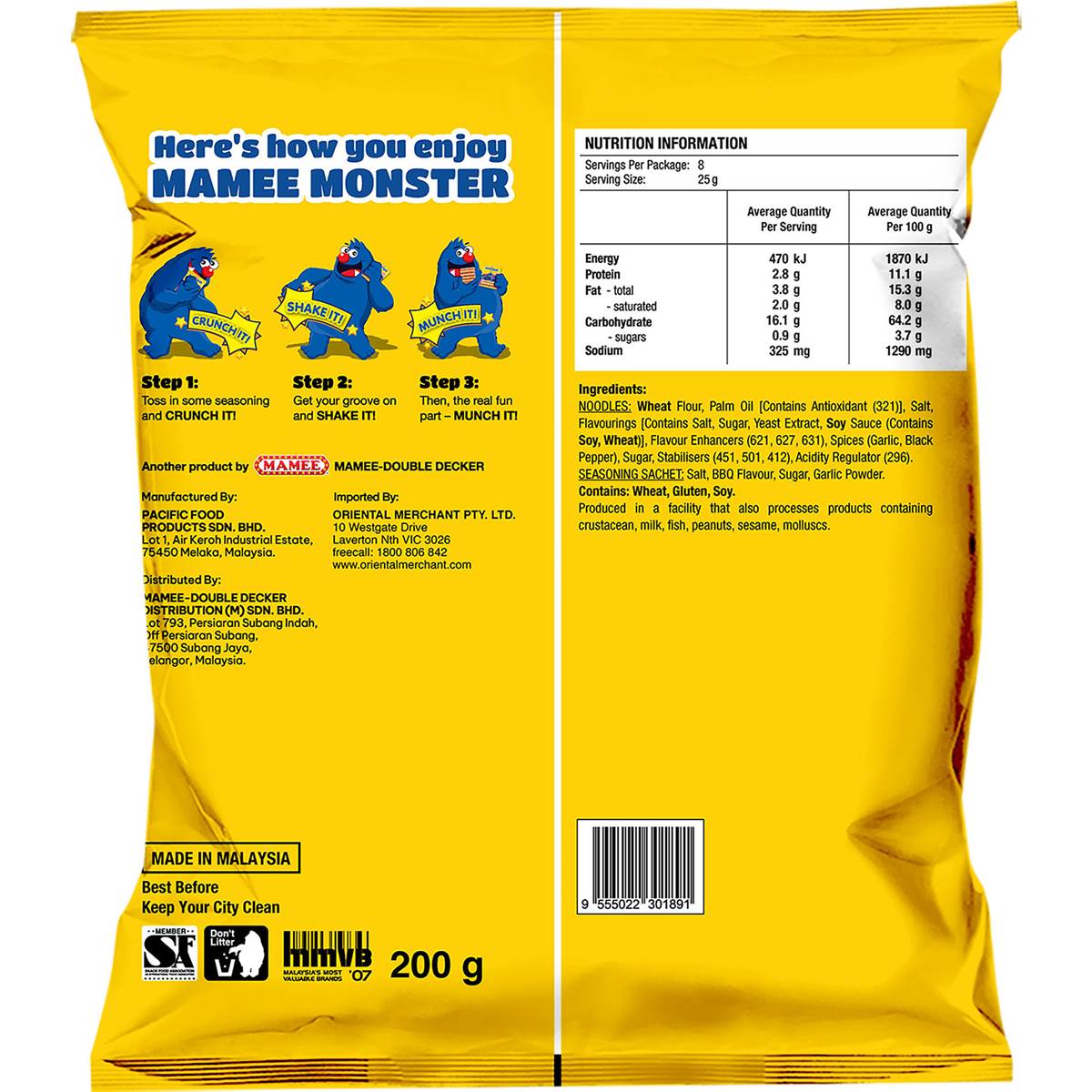 Mamee Monster Noodle Snack BBQ Flavour 8 pack