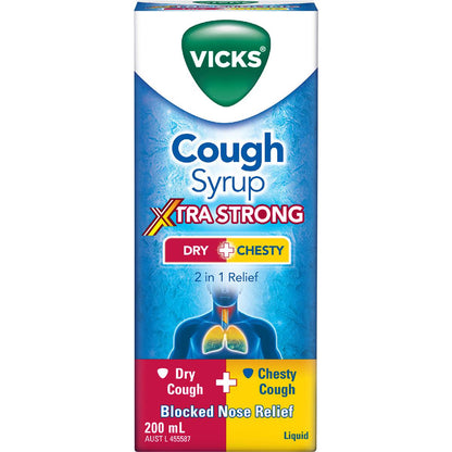 Vicks Dry & Chesty Cough Syrup Xtra Strong Blocked Nose Relief 200mL