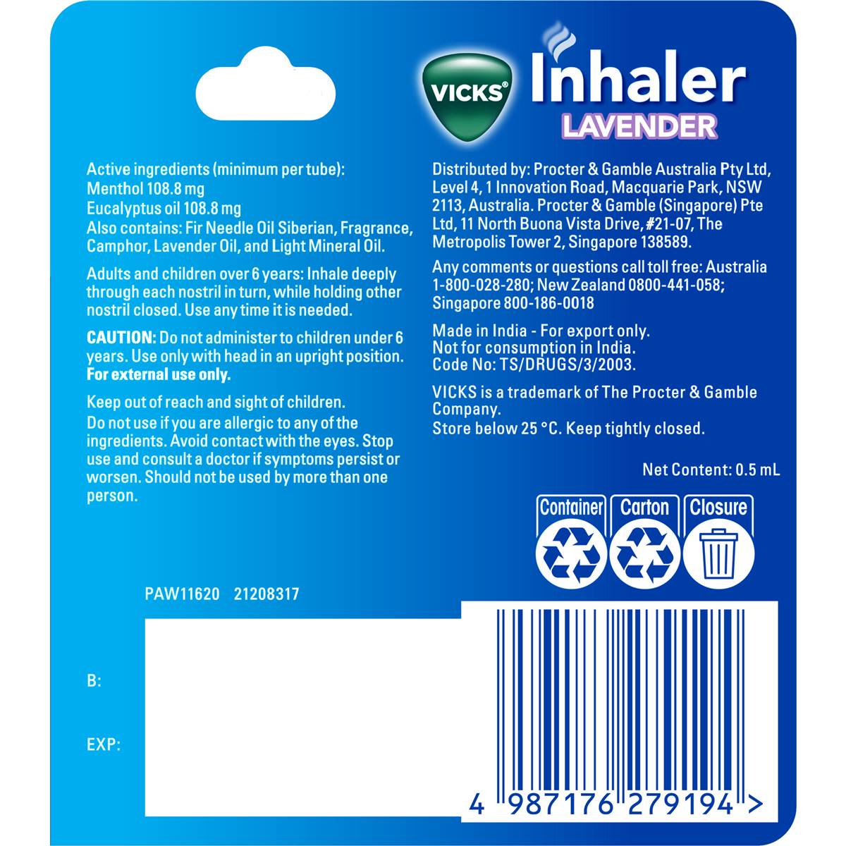 Vicks Nasal Decongestant Inhaler Lavendar 0.5mL