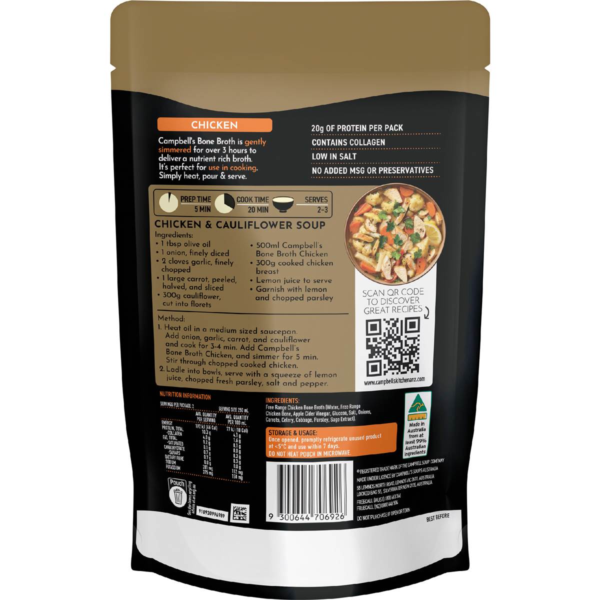 Campbells Real Bone Broth Chicken Pouch 500mL