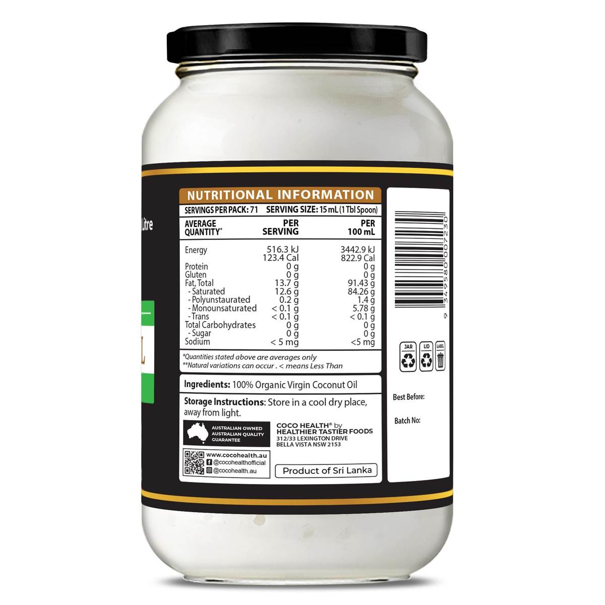 Coco Earth Organic Virgin Coconut Oil 1L