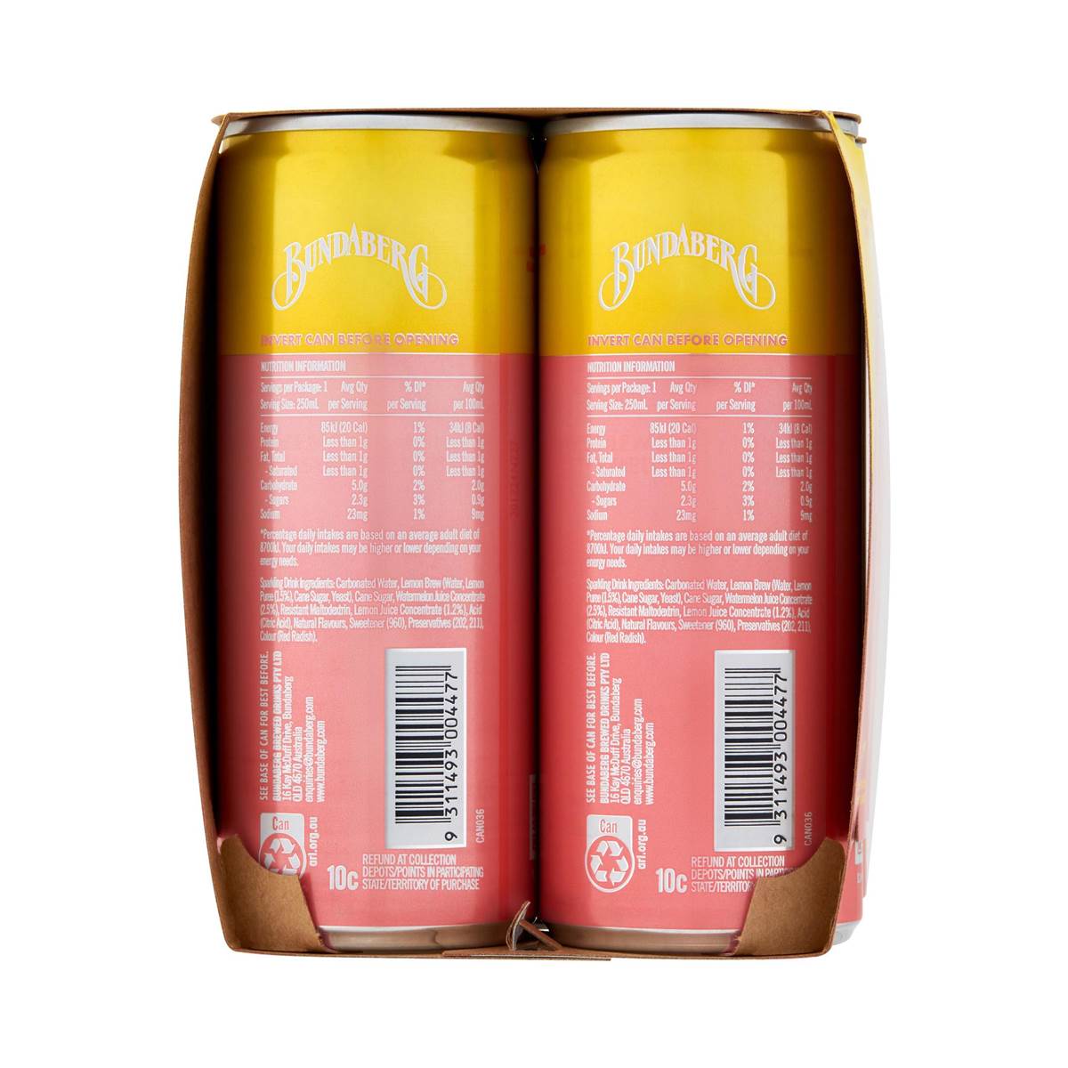 Bundaberg Refreshingly Light Sparkling Drink Watermelon & Lemon 250mL x 4 pack