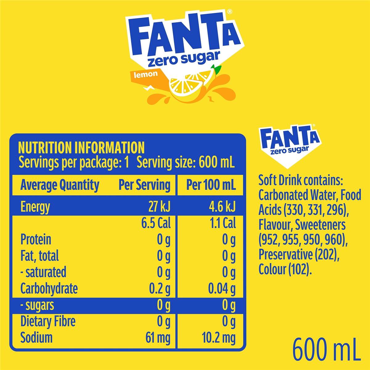 Fanta Lemon Zero Sugar 600mL