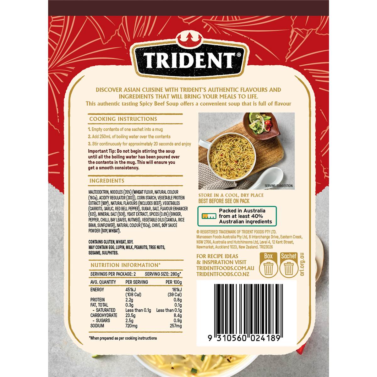 Trident Spicy Beef Flavour Instant Soup With Noodles` 2 pack