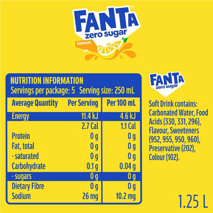 Fanta Lemon Zero Sugar Soft Drink Bottle 1.25L