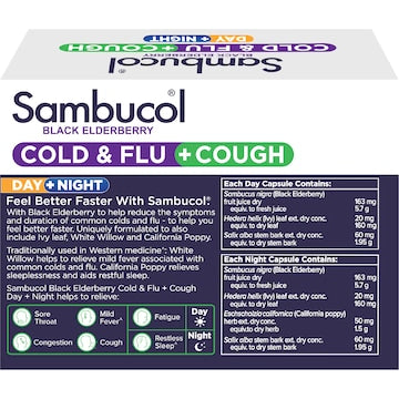Sambucol Day & Night Cold & Flu & Cough Black Elderberry Capsules 24 pack