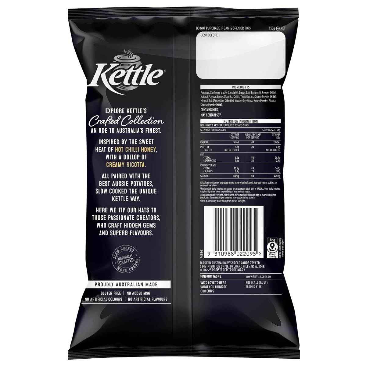 Kettle Crafted Potato Chips Hot Honey & Ricotta 150g