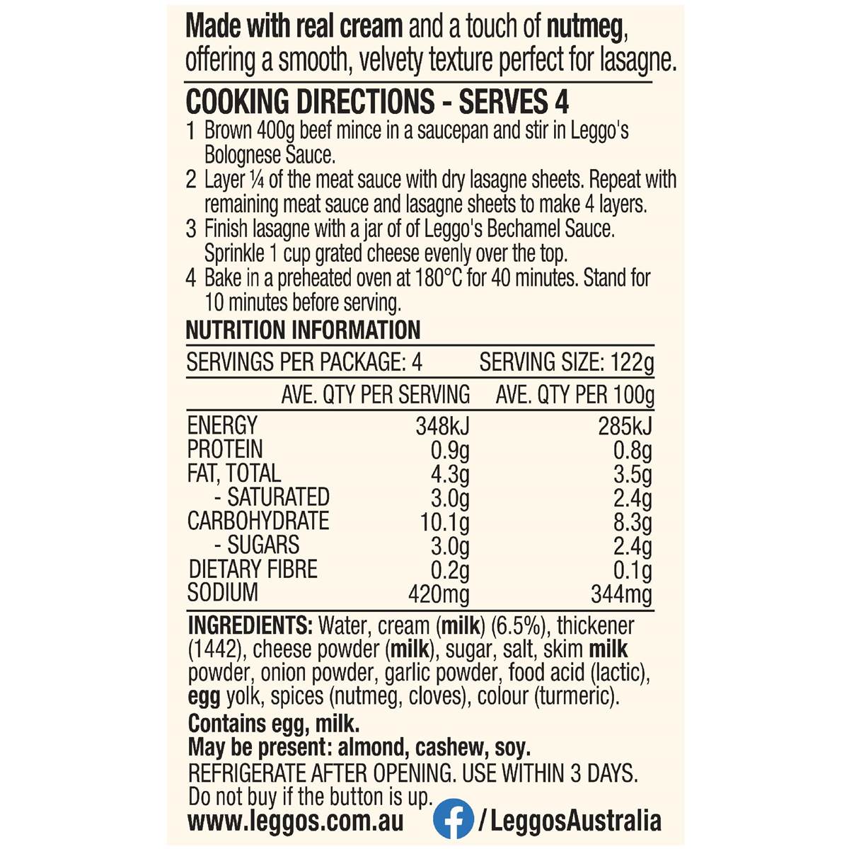 Leggo's Bechamel Lasagne Sauce Made With Real Cream 490g