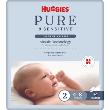 Huggies Pure & Sensitive Nappies Size 2 (4-8kg) 74 pack
