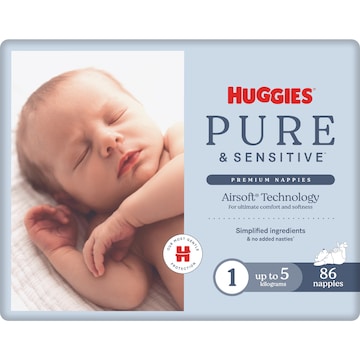 Huggies Pure & Sensitive Nappies Size 1 (Up to 5kg) 86 pack