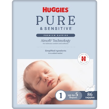 Huggies Pure & Sensitive Nappies Size 1 (Up to 5kg) 86 pack