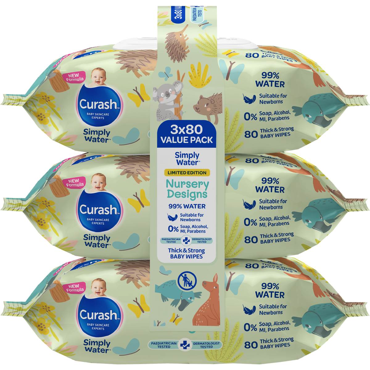 Curash Simply Water Baby Wipes Nursery Designs 3 x 80 pack