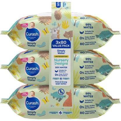 Curash Simply Water Baby Wipes Nursery Designs 3 x 80 pack