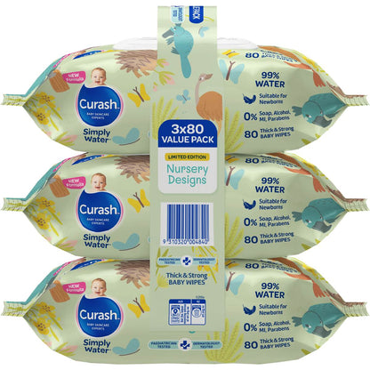 Curash Simply Water Baby Wipes Nursery Designs 3 x 80 pack